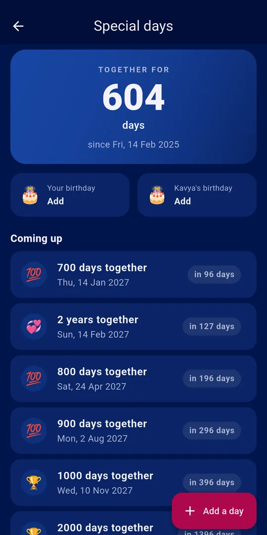 Special days: counting days together, upcoming milestones and birthdays